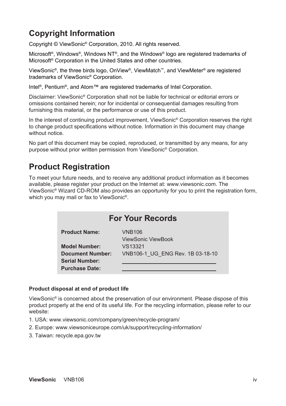 Copyright information, Product registration, For your records | VIEWSONIC VNB106 User Manual | Page 5 / 24