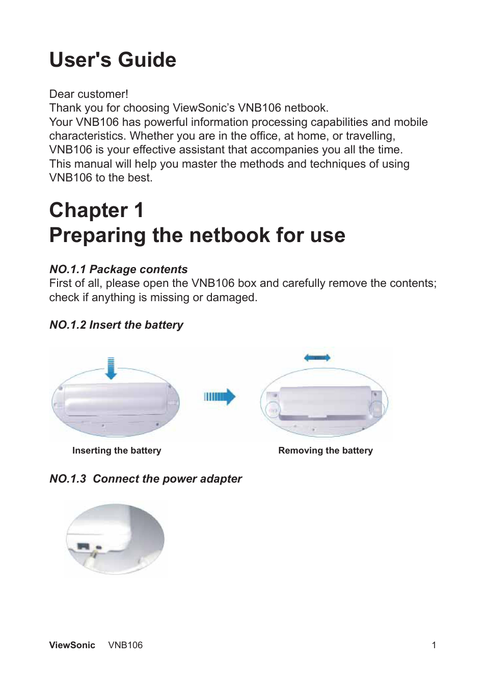 User's guide, Chapter 1 preparing the netbook for use | VIEWSONIC VNB106 User Manual | Page 7 / 24