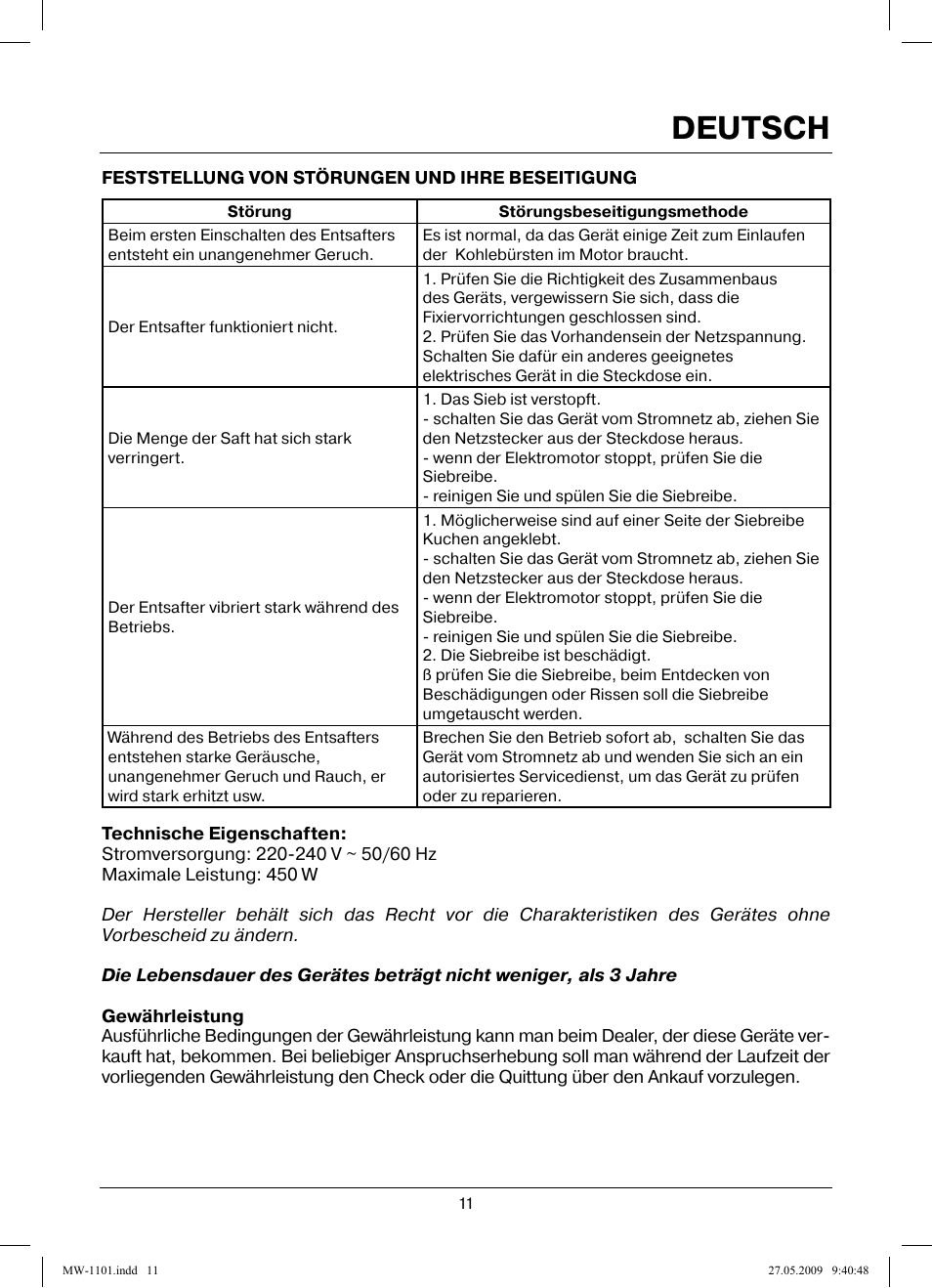 Deutsch | MAXWELL MW-1101 W User Manual | Page 11 / 48