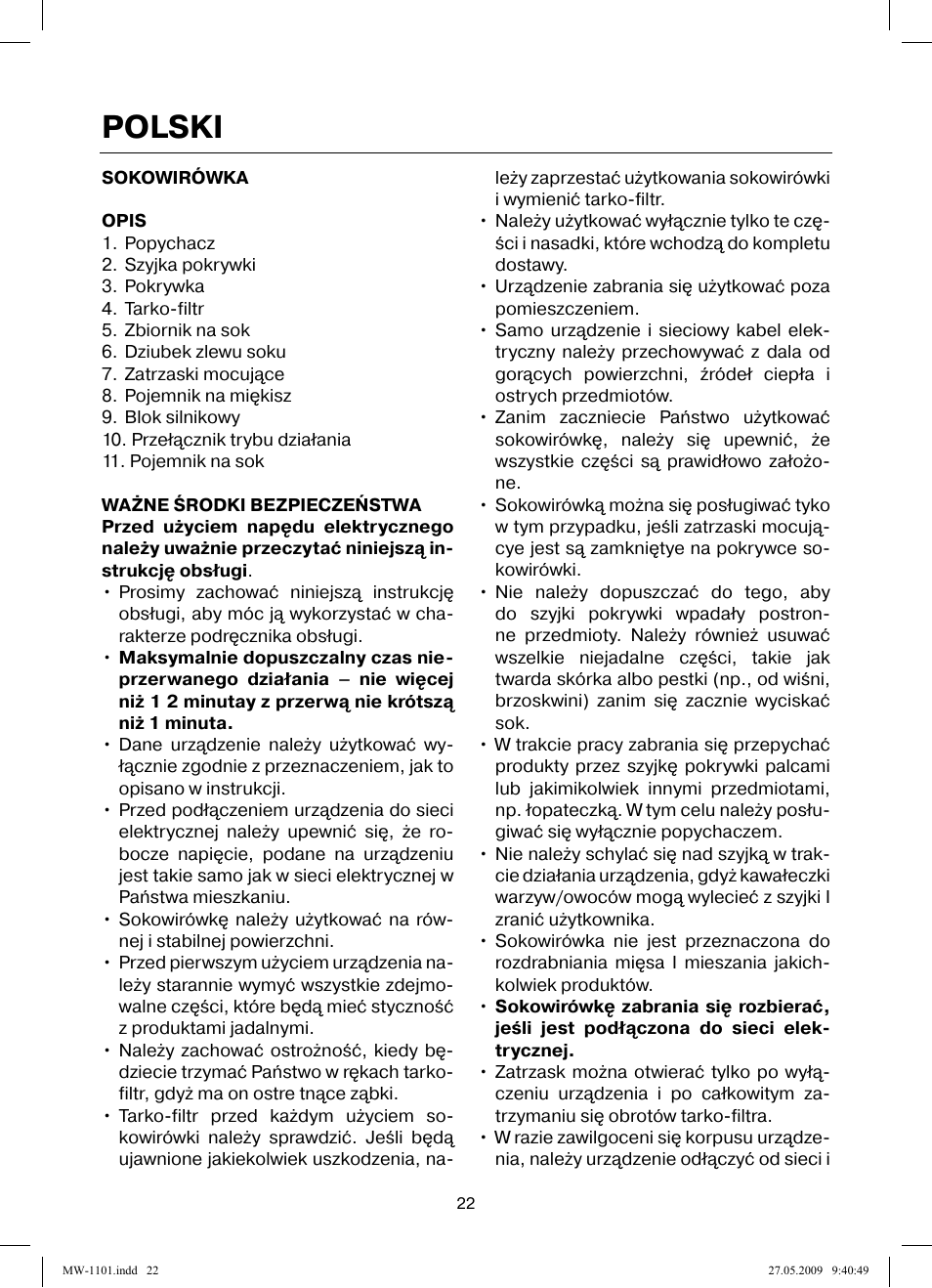 Polski | MAXWELL MW-1101 W User Manual | Page 22 / 48