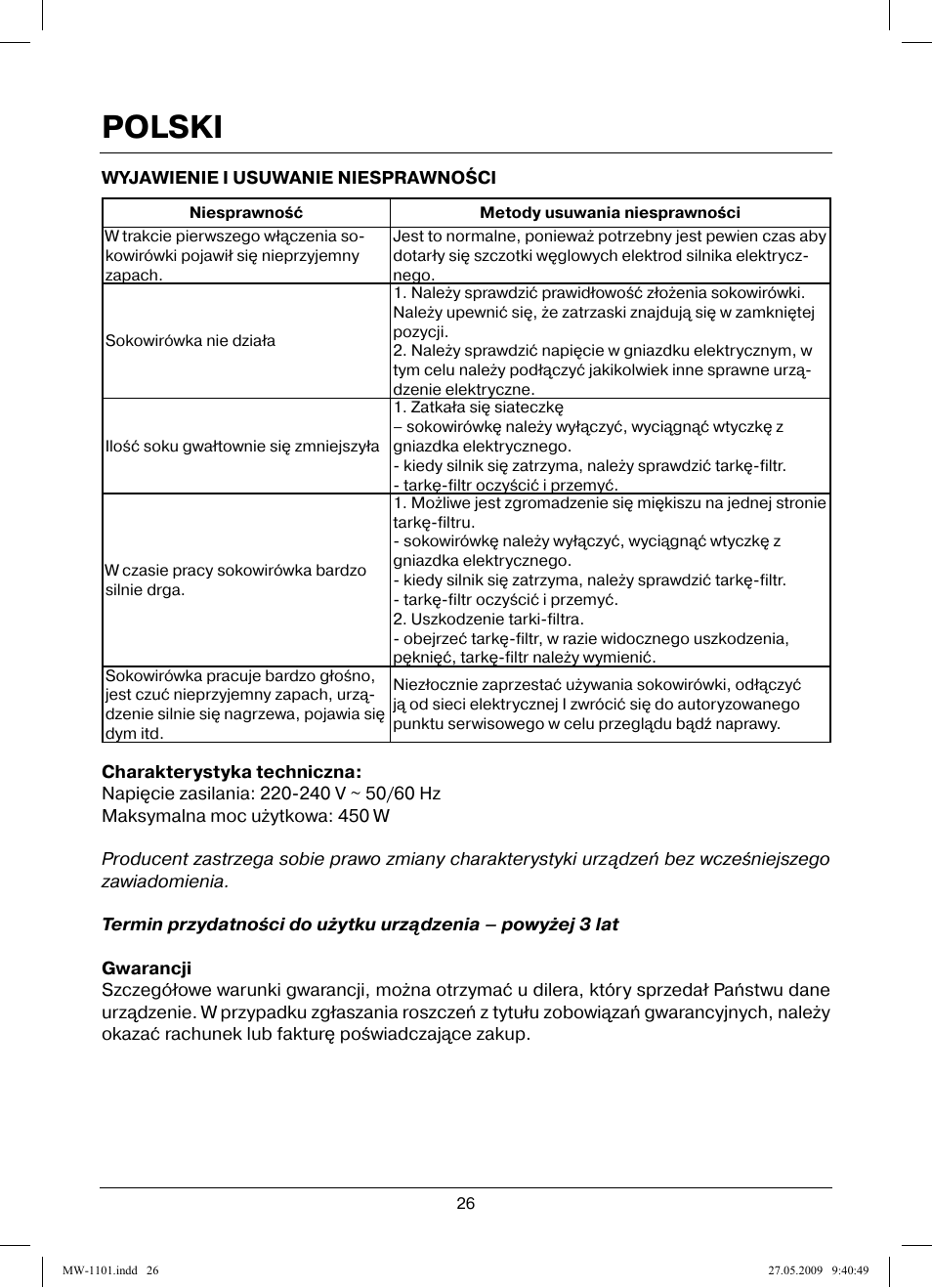 Polski | MAXWELL MW-1101 W User Manual | Page 26 / 48