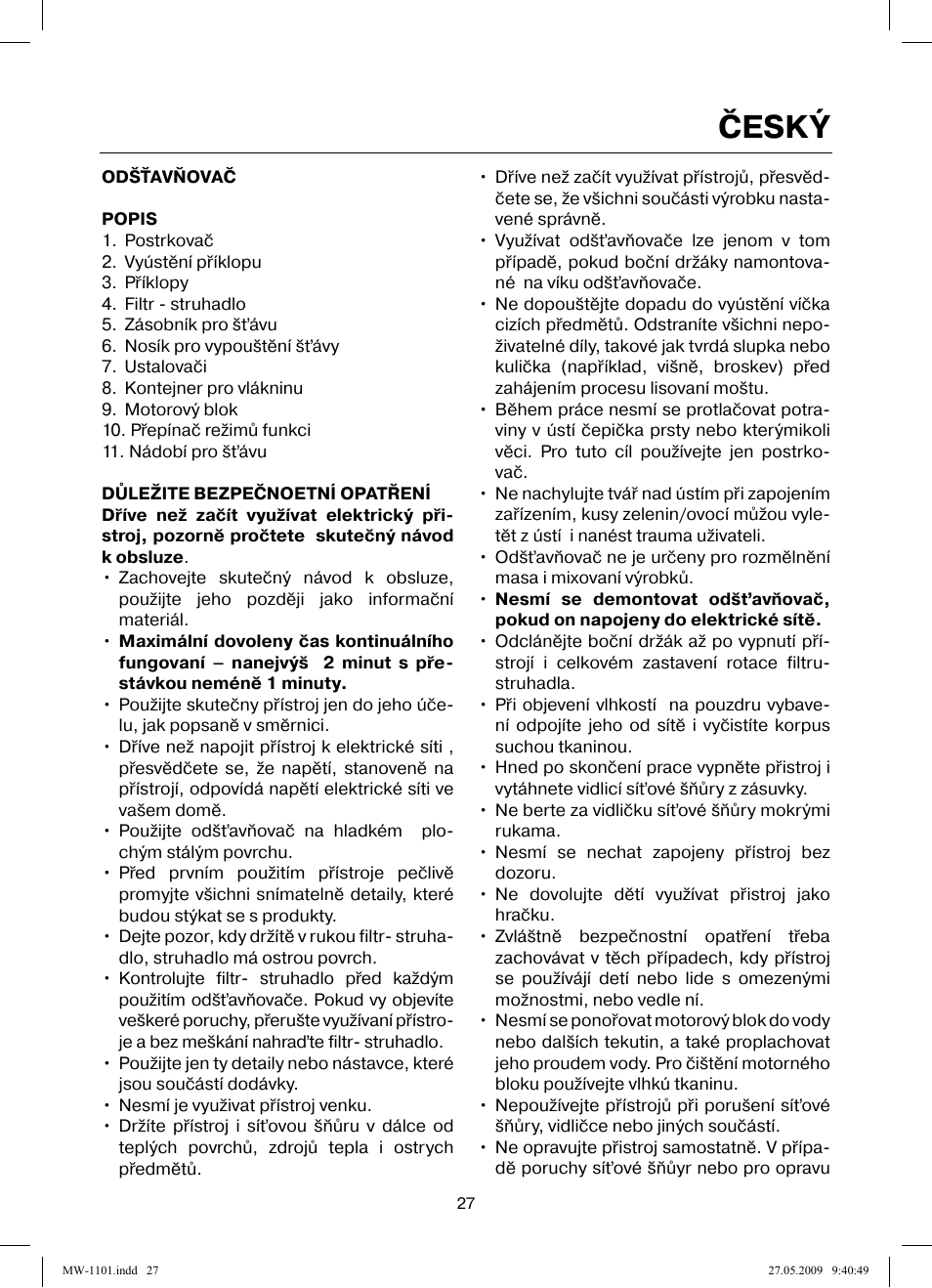 Český | MAXWELL MW-1101 W User Manual | Page 27 / 48