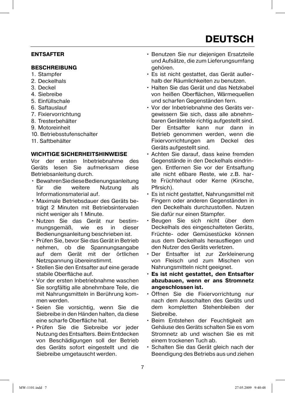 Deutsch | MAXWELL MW-1101 W User Manual | Page 7 / 48