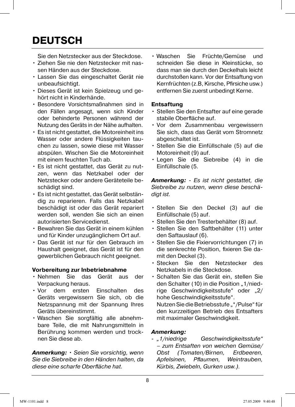 Deutsch | MAXWELL MW-1101 W User Manual | Page 8 / 48