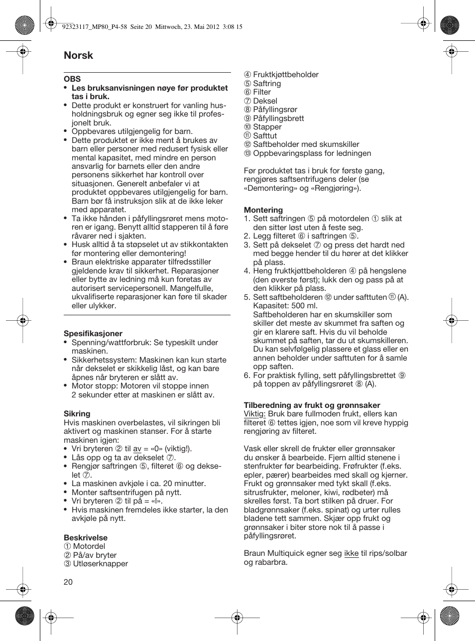 Norsk | Braun Multiquick 5 MP 80 User Manual | Page 20 / 57