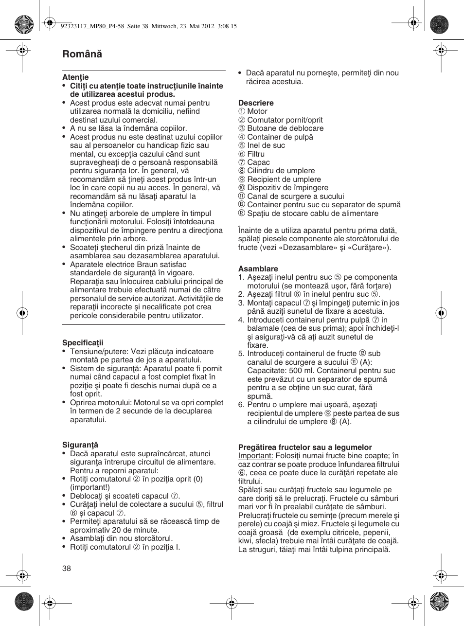 Românå | Braun Multiquick 5 MP 80 User Manual | Page 38 / 57
