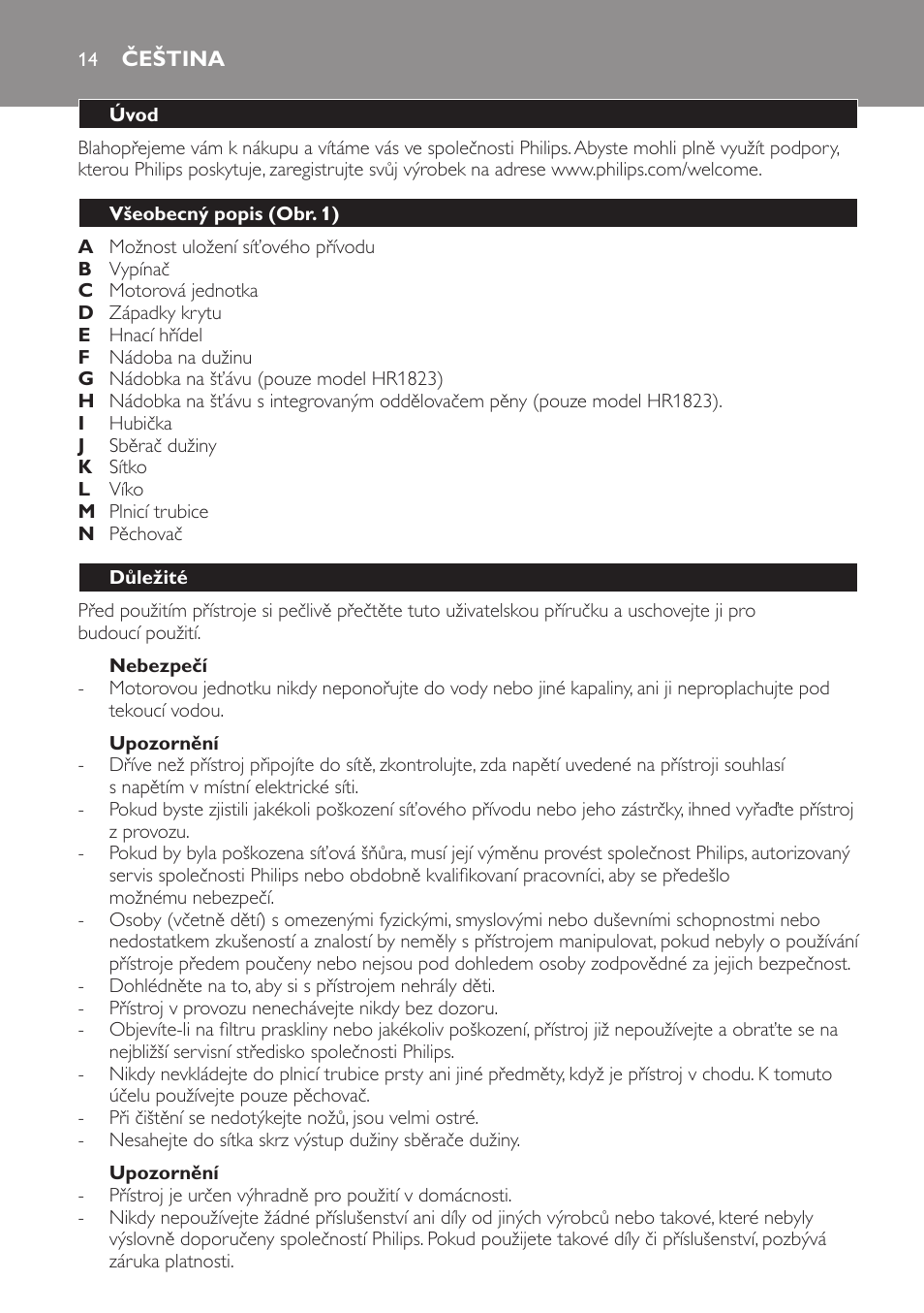 Čeština 14 | Philips HR1823 User Manual | Page 14 / 76
