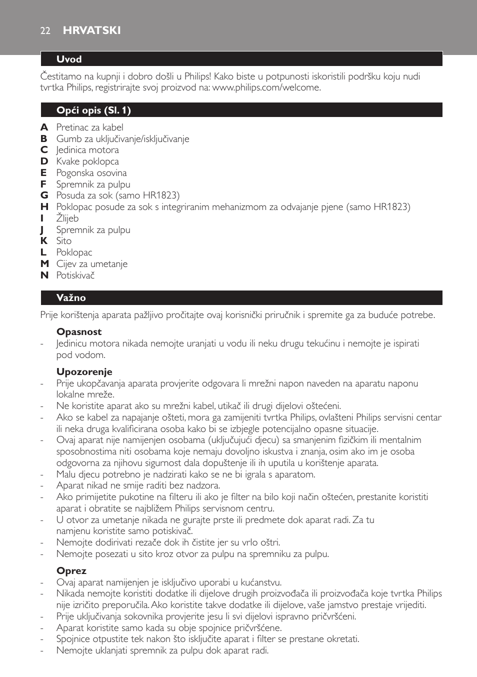 Hrvatski, Hrvatski 22 | Philips HR1823 User Manual | Page 22 / 76