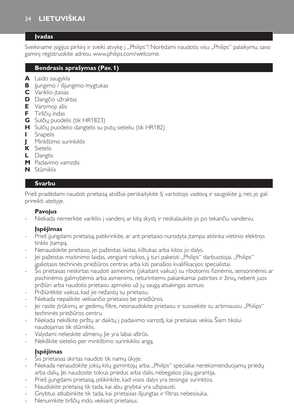 Lietuviškai 34 | Philips HR1823 User Manual | Page 34 / 76