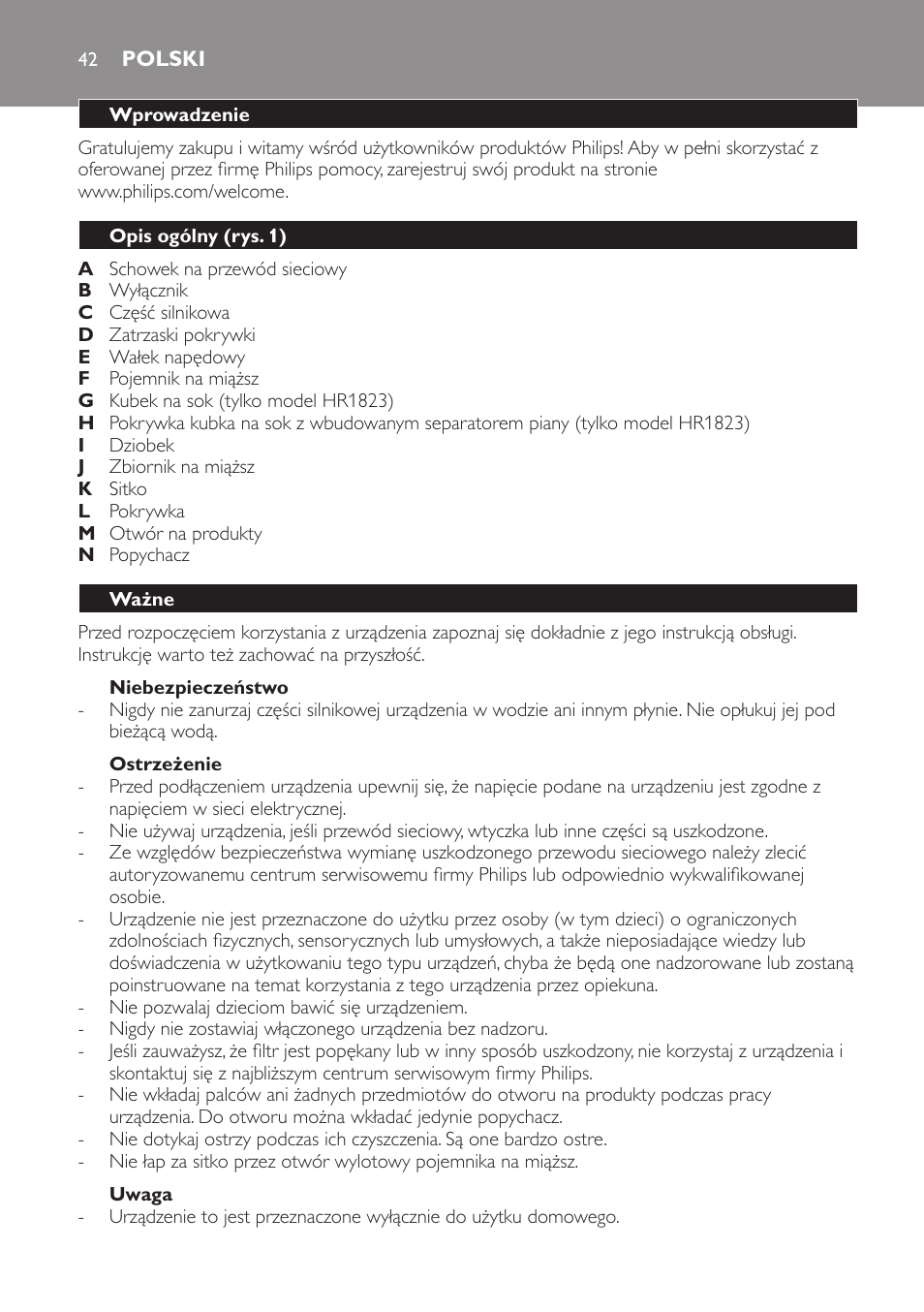 Polski 42 | Philips HR1823 User Manual | Page 42 / 76