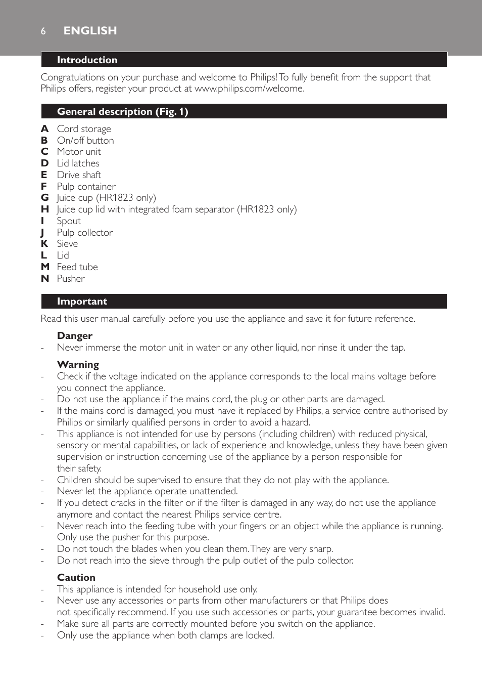 English, English 6 | Philips HR1823 User Manual | Page 6 / 76