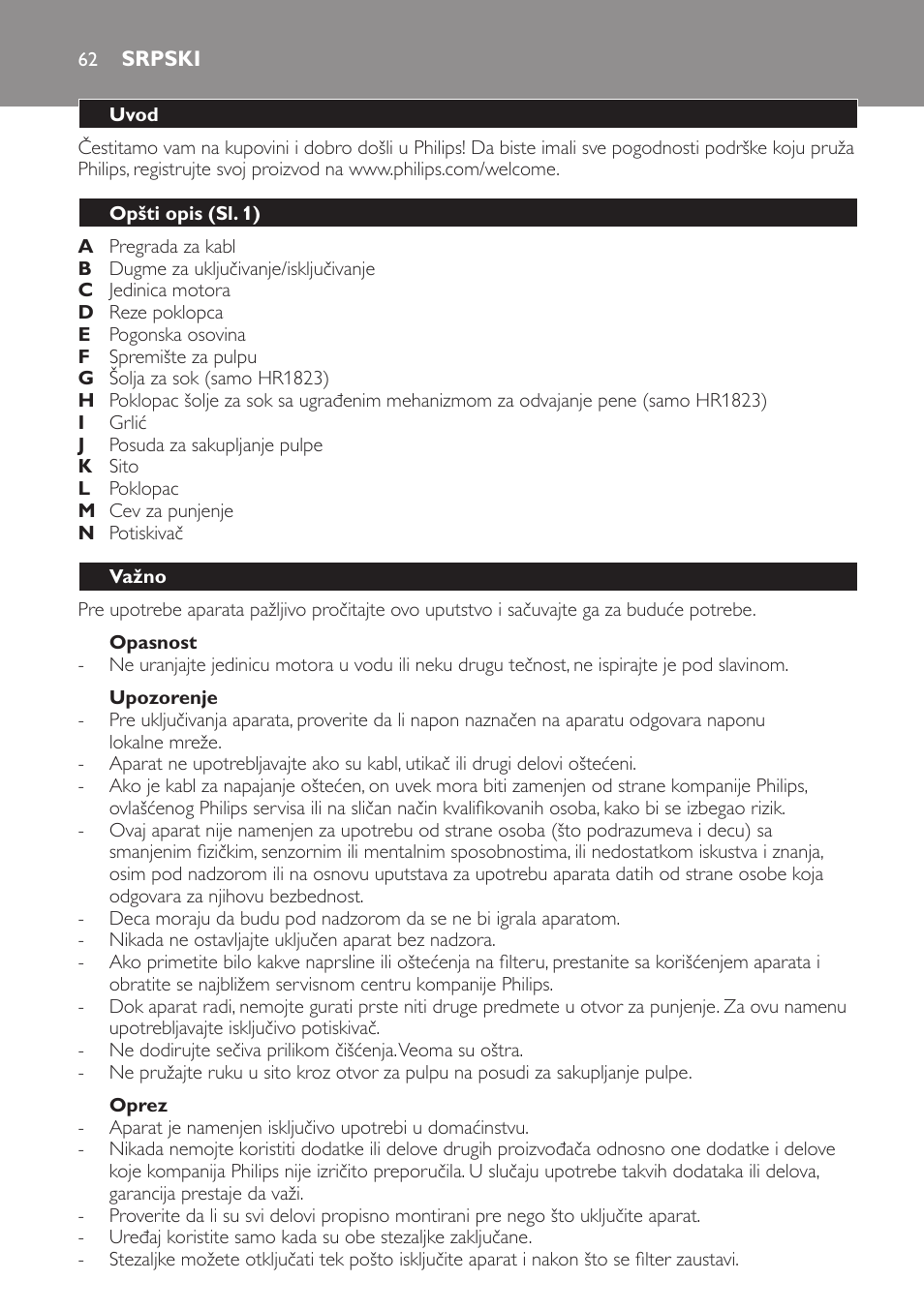 Srpski 62 | Philips HR1823 User Manual | Page 62 / 76