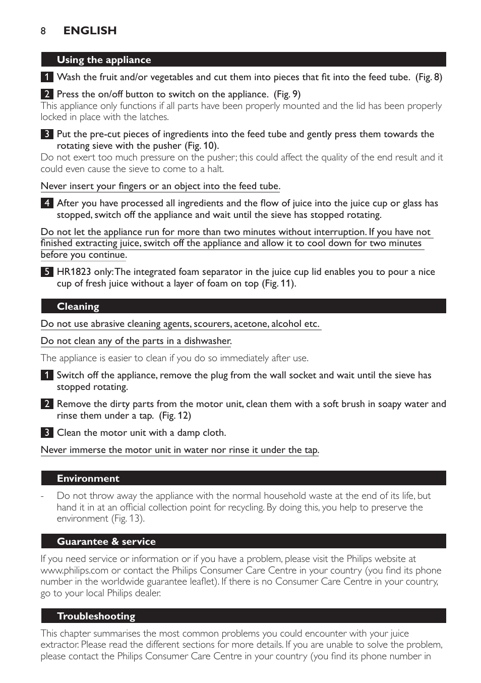 Philips HR1823 User Manual | Page 8 / 76