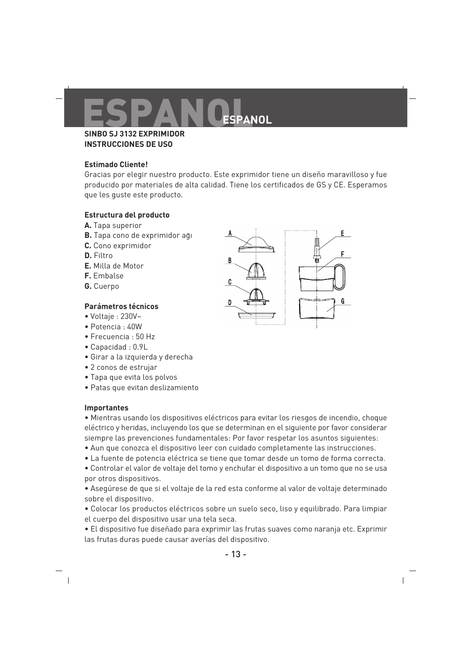 Espanol | SINBO SJ 3132 User Manual | Page 14 / 32