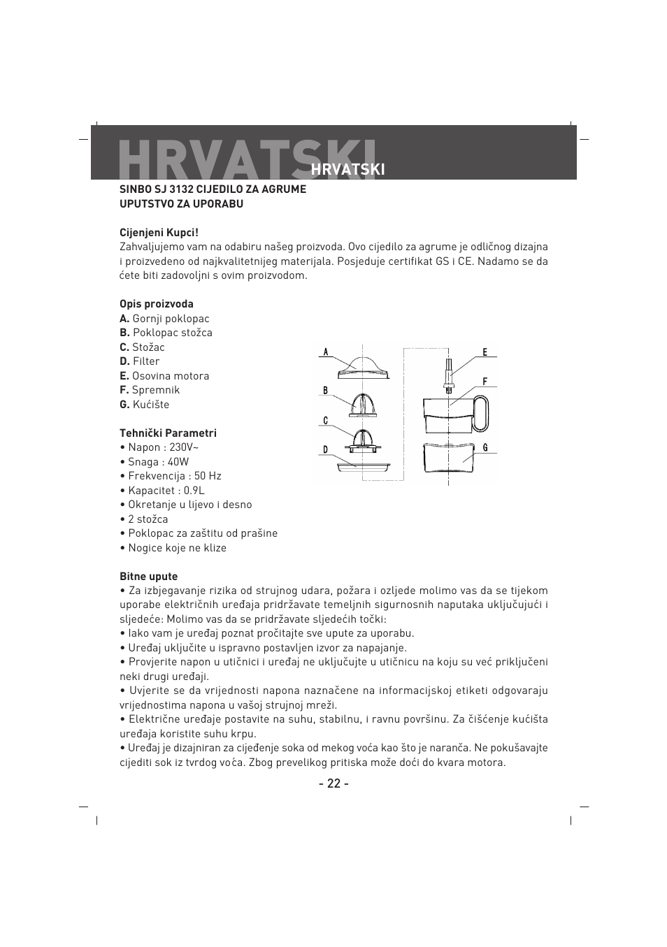 Hrvatski | SINBO SJ 3132 User Manual | Page 23 / 32