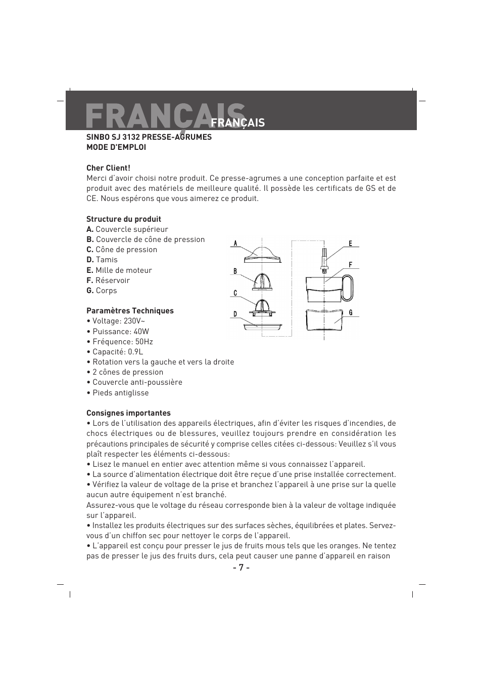 Français | SINBO SJ 3132 User Manual | Page 8 / 32