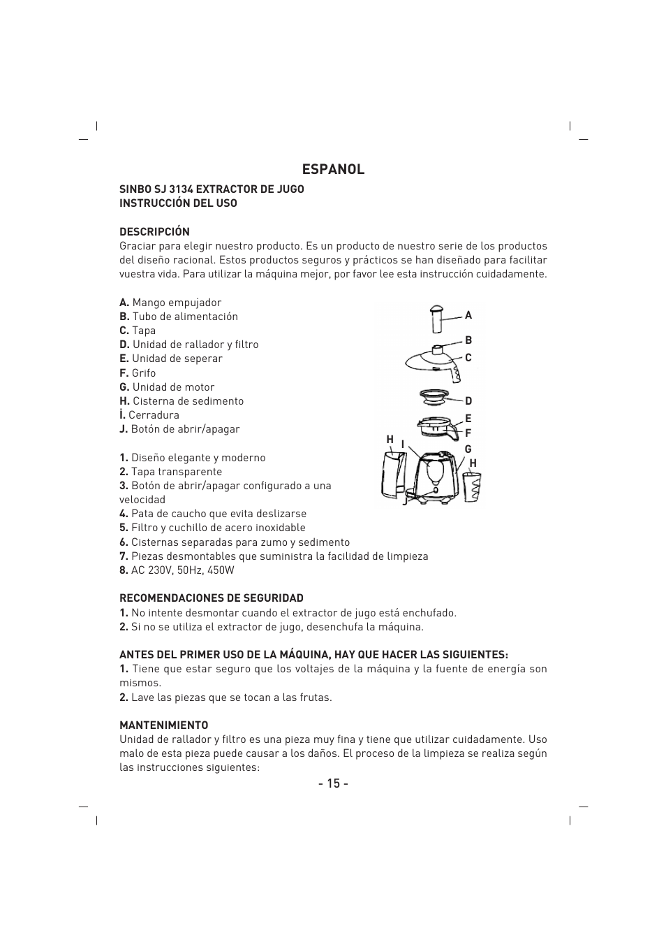 Espanol | SINBO SJ 3134 User Manual | Page 16 / 32