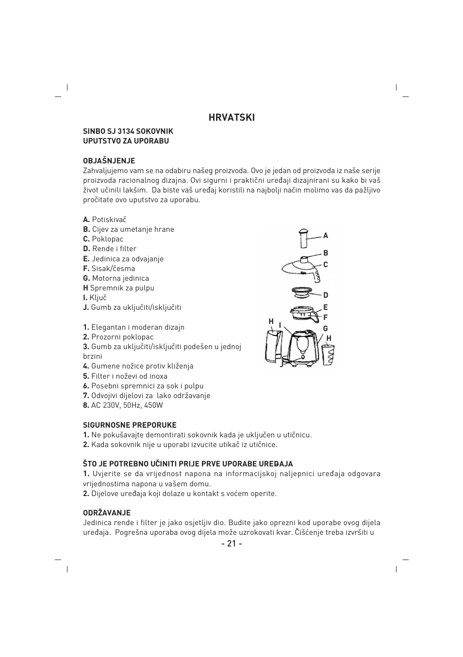 Hrvatski | SINBO SJ 3134 User Manual | Page 22 / 32
