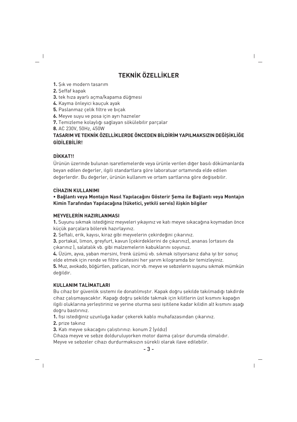 Tekn‹k özell‹kler | SINBO SJ 3134 User Manual | Page 4 / 32