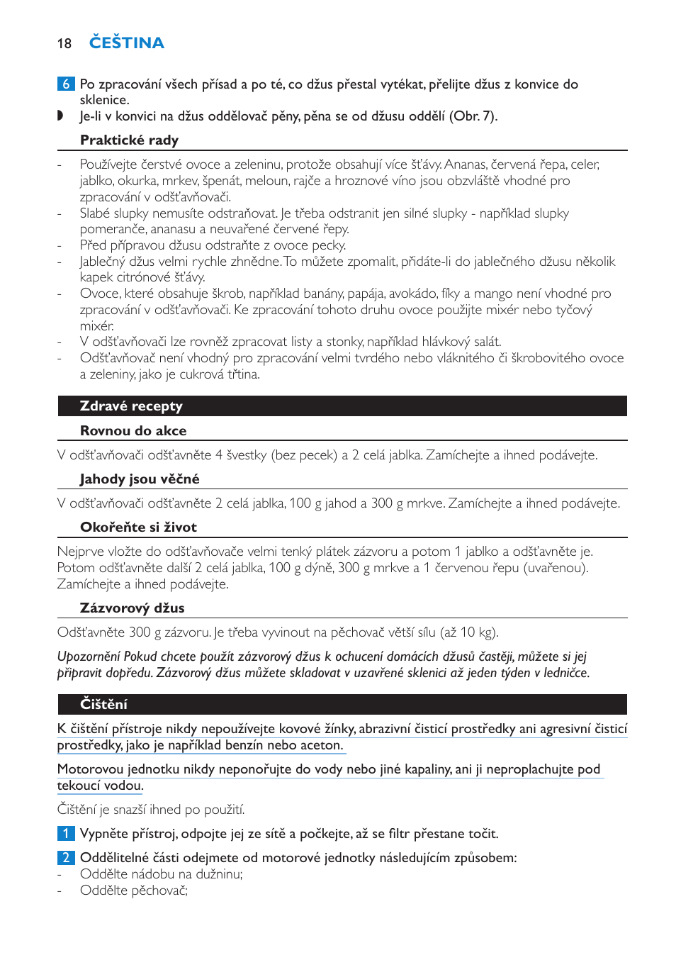 Praktické rady, Zdravé recepty, Rovnou do akce | Jahody jsou věčné, Okořeňte si život, Zázvorový džus, Čištění | Philips HR1853 User Manual | Page 18 / 88