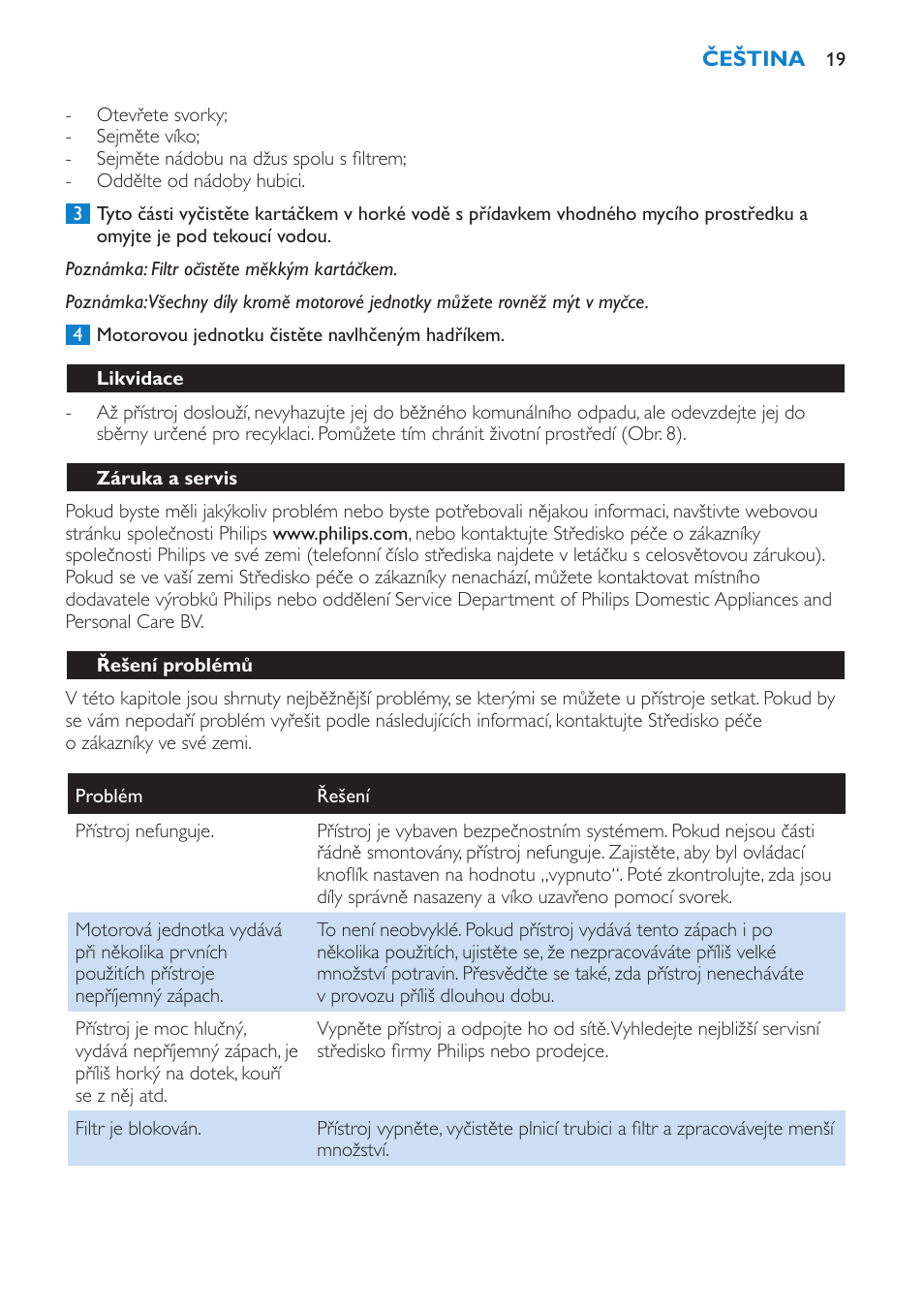 Likvidace, Záruka a servis, Řešení problémů | Philips HR1853 User Manual | Page 19 / 88