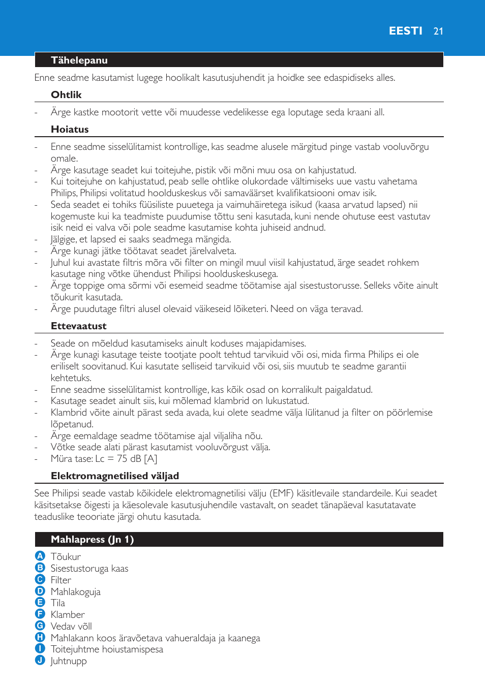 Eesti, Tähelepanu, Ohtlik | Hoiatus, Ettevaatust, Elektromagnetilised väljad, Mahlapress (jn 1) | Philips HR1853 User Manual | Page 21 / 88