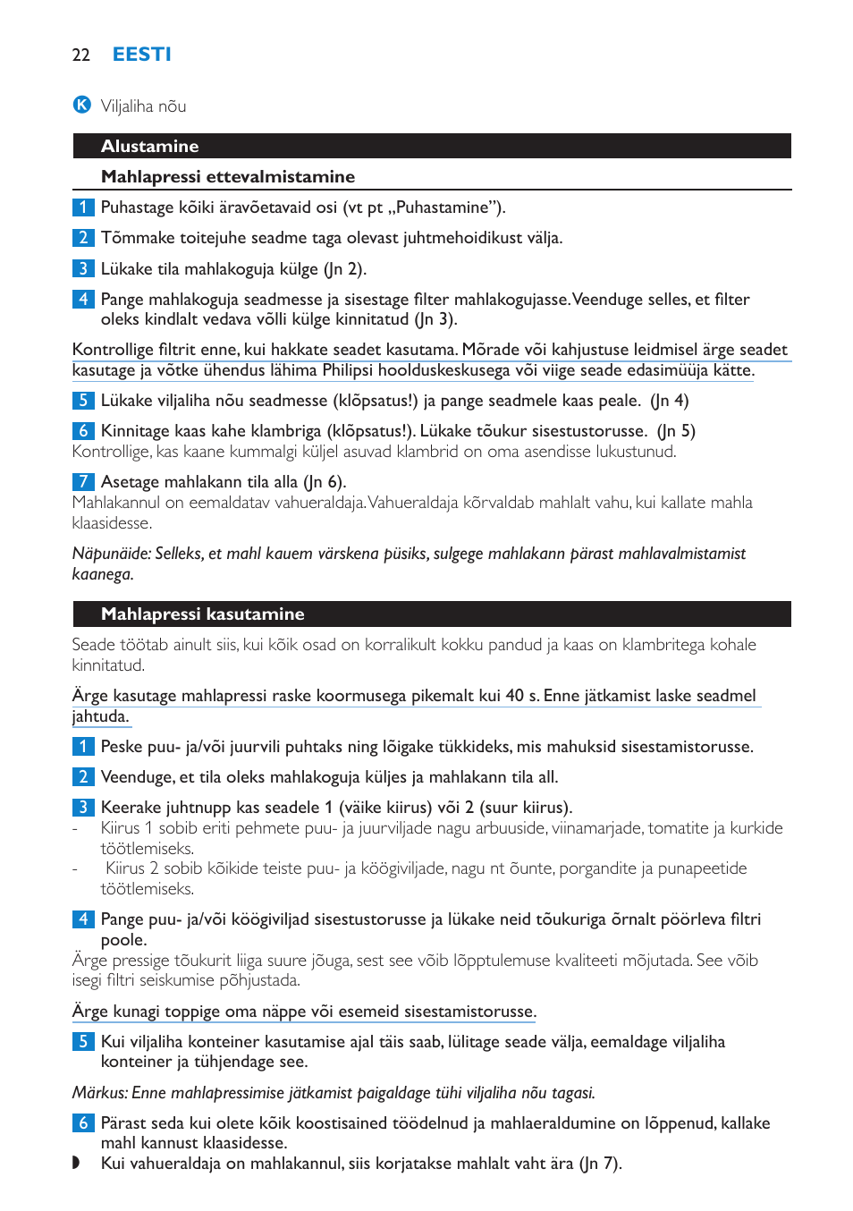 Alustamine, Mahlapressi ettevalmistamine, Mahlapressi kasutamine | Philips HR1853 User Manual | Page 22 / 88