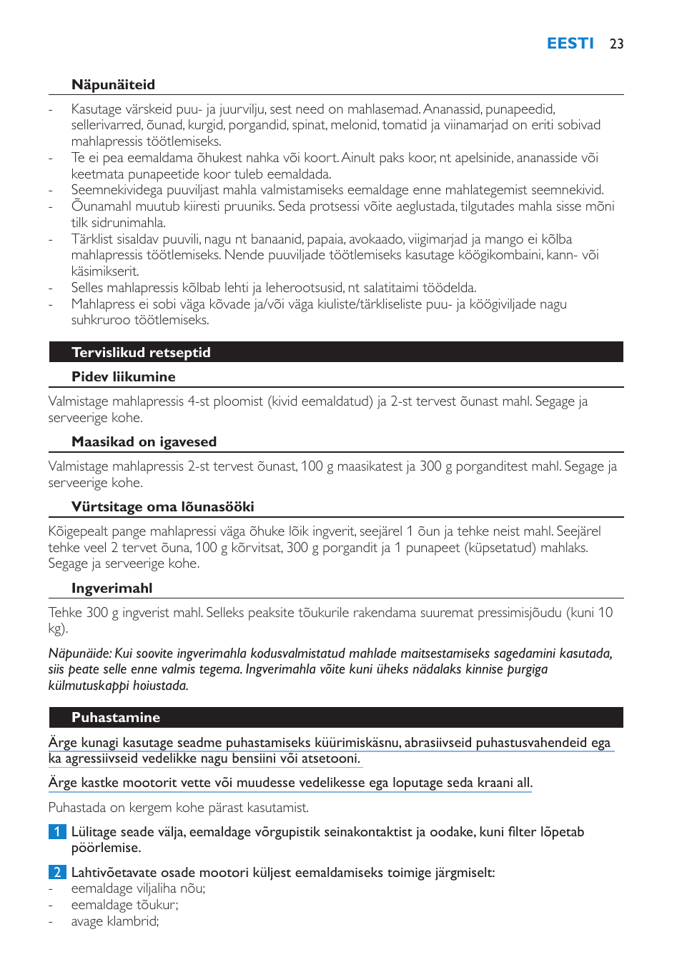 Näpunäiteid, Tervislikud retseptid, Pidev liikumine | Maasikad on igavesed, Vürtsitage oma lõunasööki, Ingverimahl, Puhastamine | Philips HR1853 User Manual | Page 23 / 88