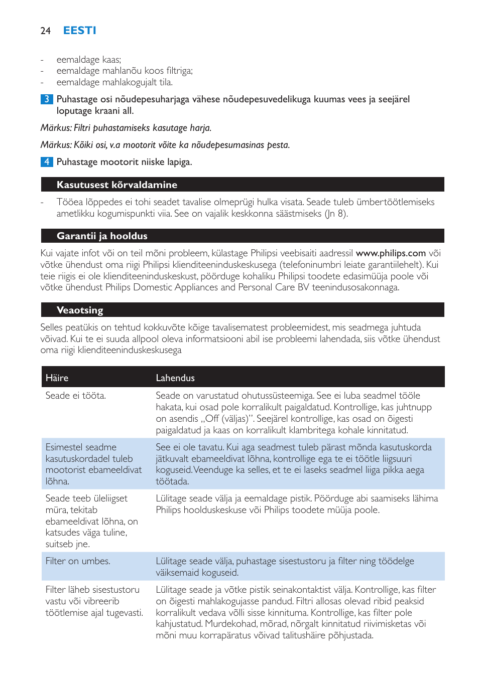 Kasutusest kõrvaldamine, Garantii ja hooldus, Veaotsing | Philips HR1853 User Manual | Page 24 / 88