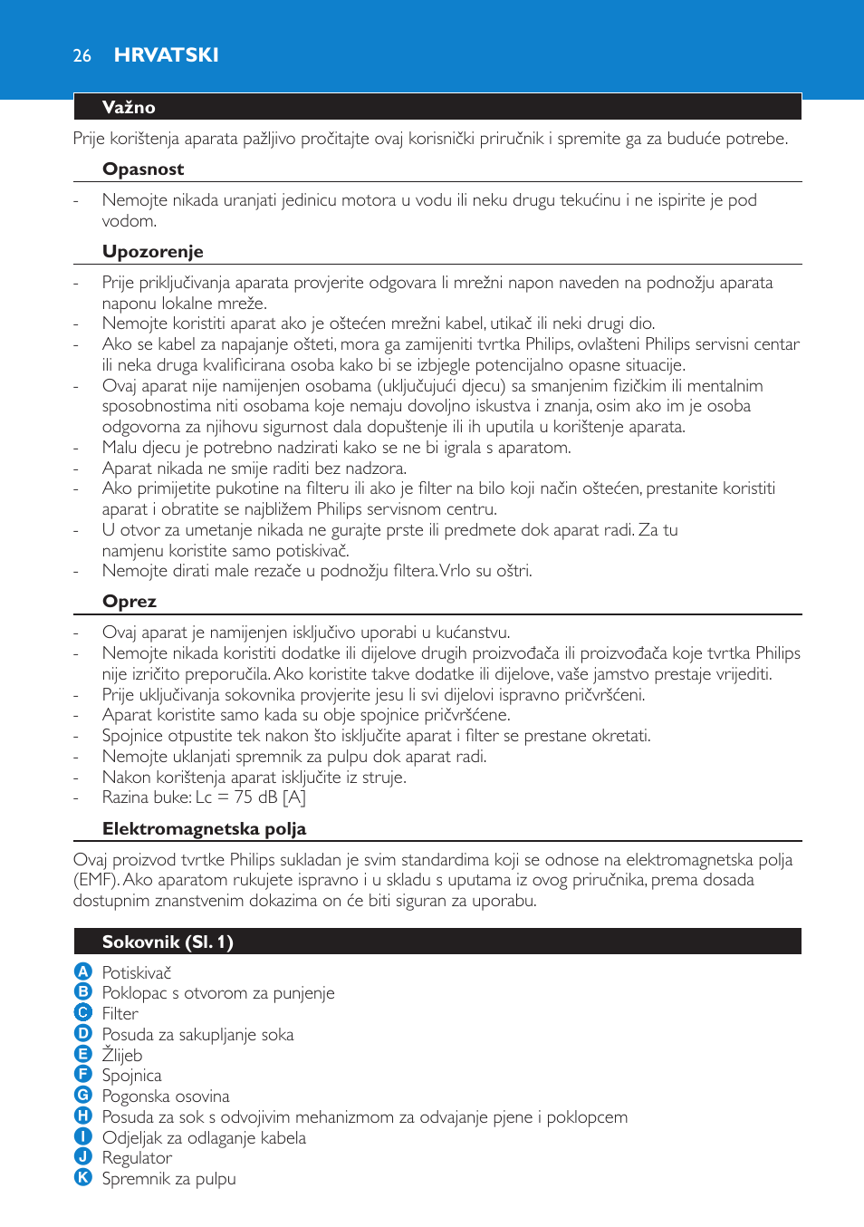 Hrvatski, Važno, Opasnost | Upozorenje, Oprez, Elektromagnetska polja, Sokovnik (sl. 1) | Philips HR1853 User Manual | Page 26 / 88