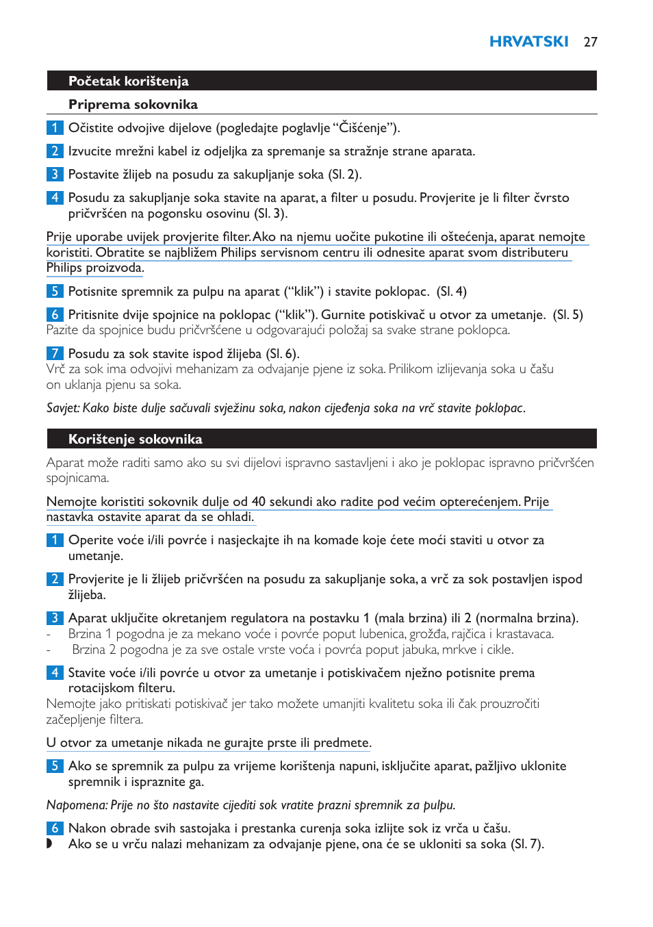 Početak korištenja, Priprema sokovnika, Korištenje sokovnika | Philips HR1853 User Manual | Page 27 / 88
