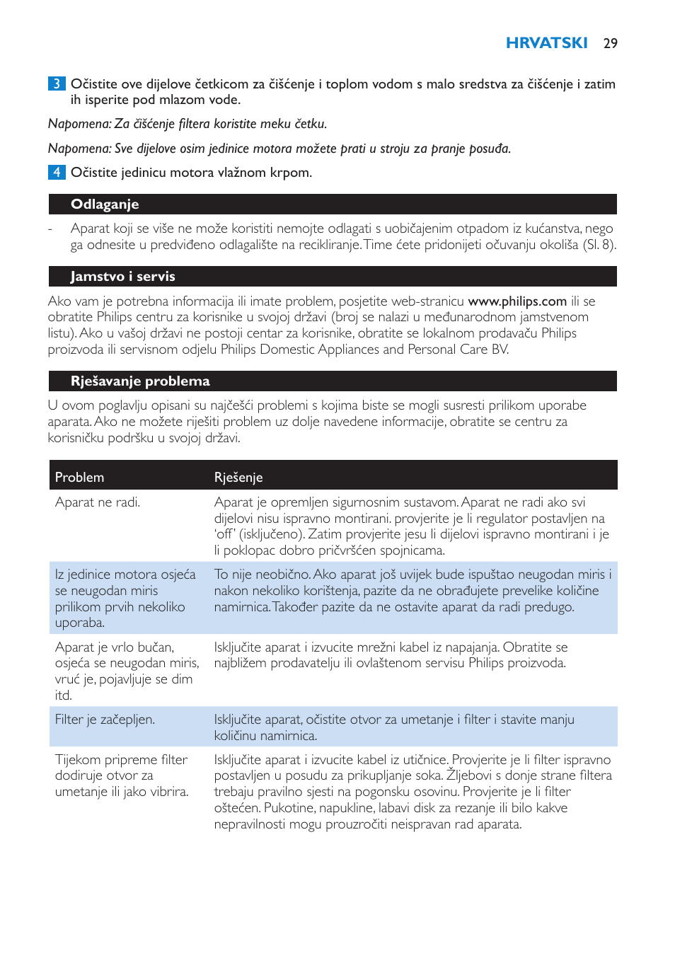 Odlaganje, Jamstvo i servis, Rješavanje problema | Philips HR1853 User Manual | Page 29 / 88