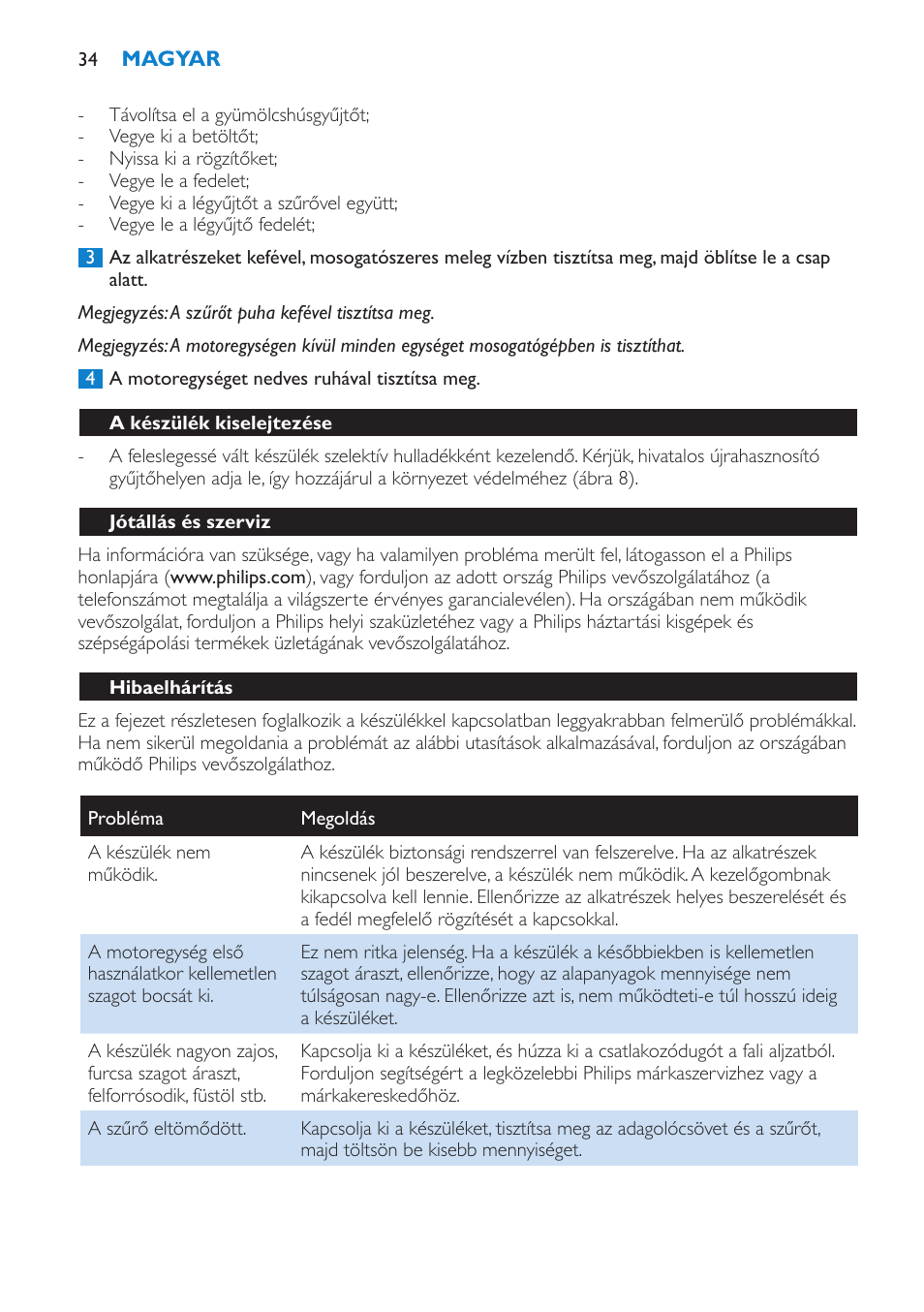 A készülék kiselejtezése, Jótállás és szerviz, Hibaelhárítás | Philips HR1853 User Manual | Page 34 / 88