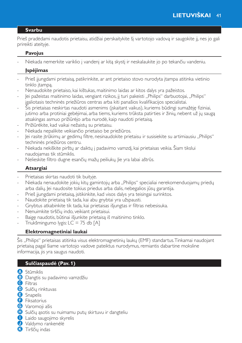 Lietuviškai, Svarbu, Pavojus | Įspėjimas, Atsargiai, Elektromagnetiniai laukai, Sulčiaspaudė (pav. 1) | Philips HR1853 User Manual | Page 41 / 88