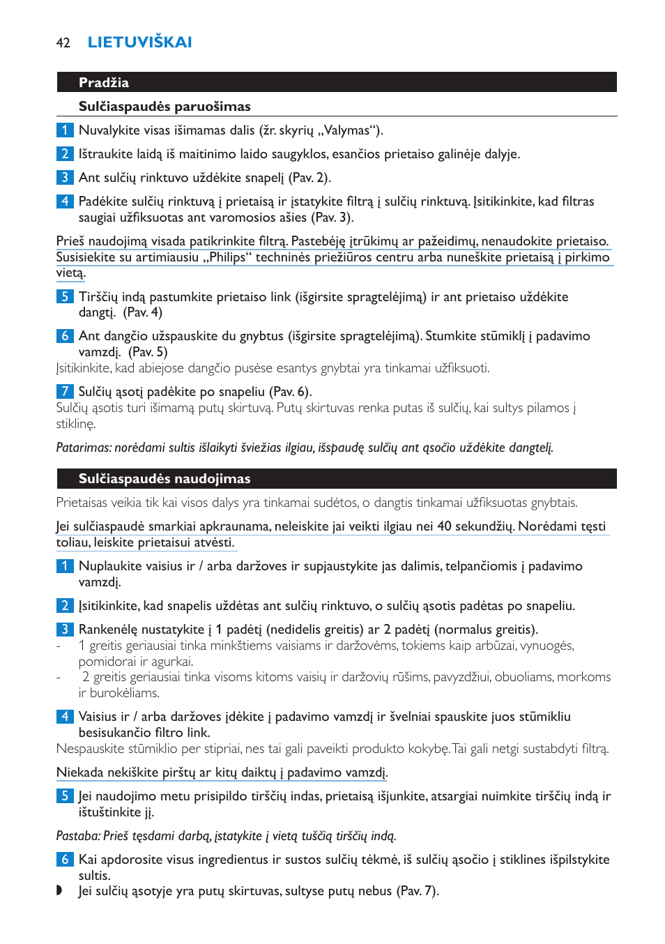 Pradžia, Sulčiaspaudės paruošimas, Sulčiaspaudės naudojimas | Philips HR1853 User Manual | Page 42 / 88