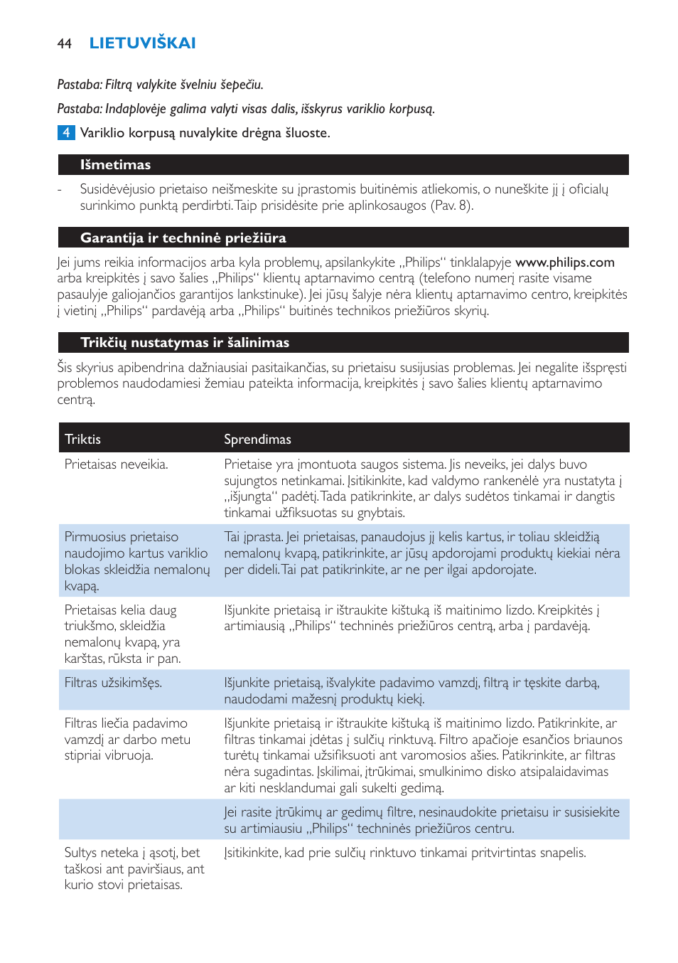 Išmetimas, Garantija ir techninė priežiūra, Trikčių nustatymas ir šalinimas | Philips HR1853 User Manual | Page 44 / 88