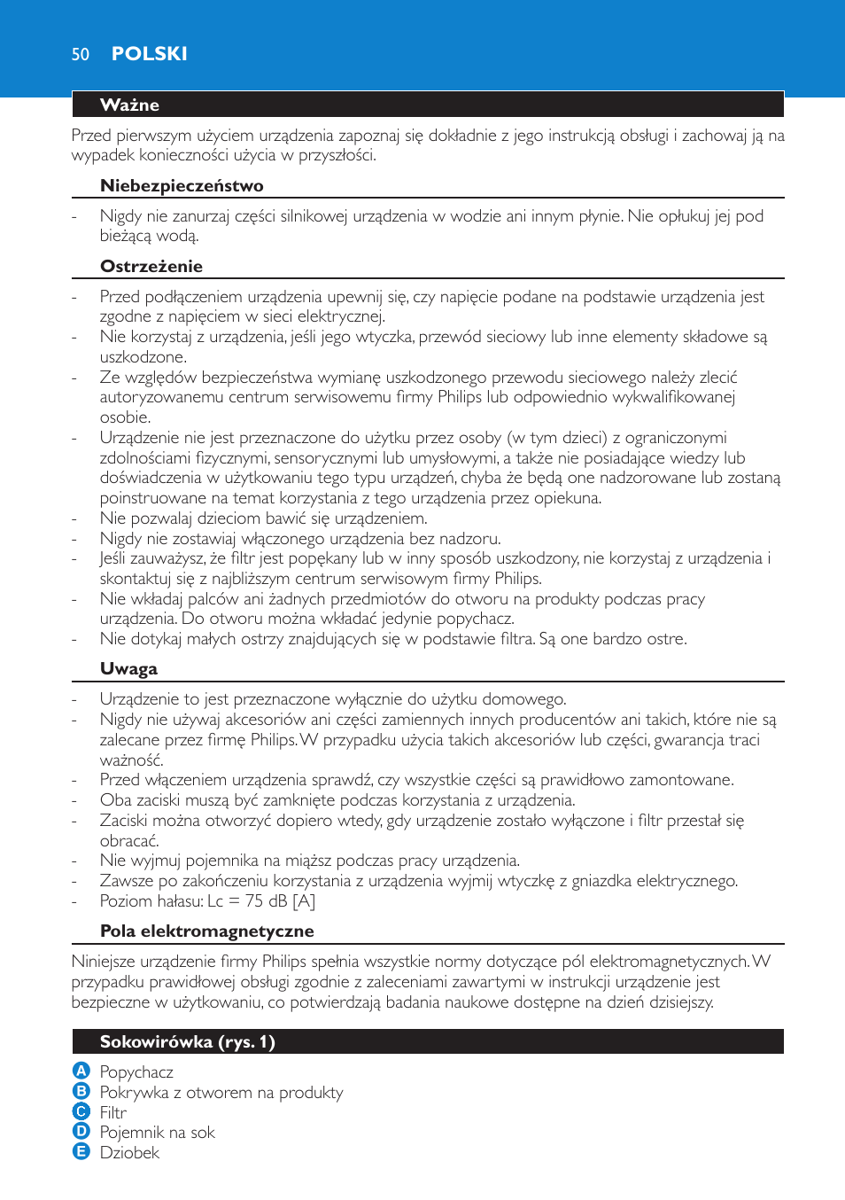 Polski, Ważne, Niebezpieczeństwo | Ostrzeżenie, Uwaga, Pola elektromagnetyczne, Sokowirówka (rys. 1) | Philips HR1853 User Manual | Page 50 / 88