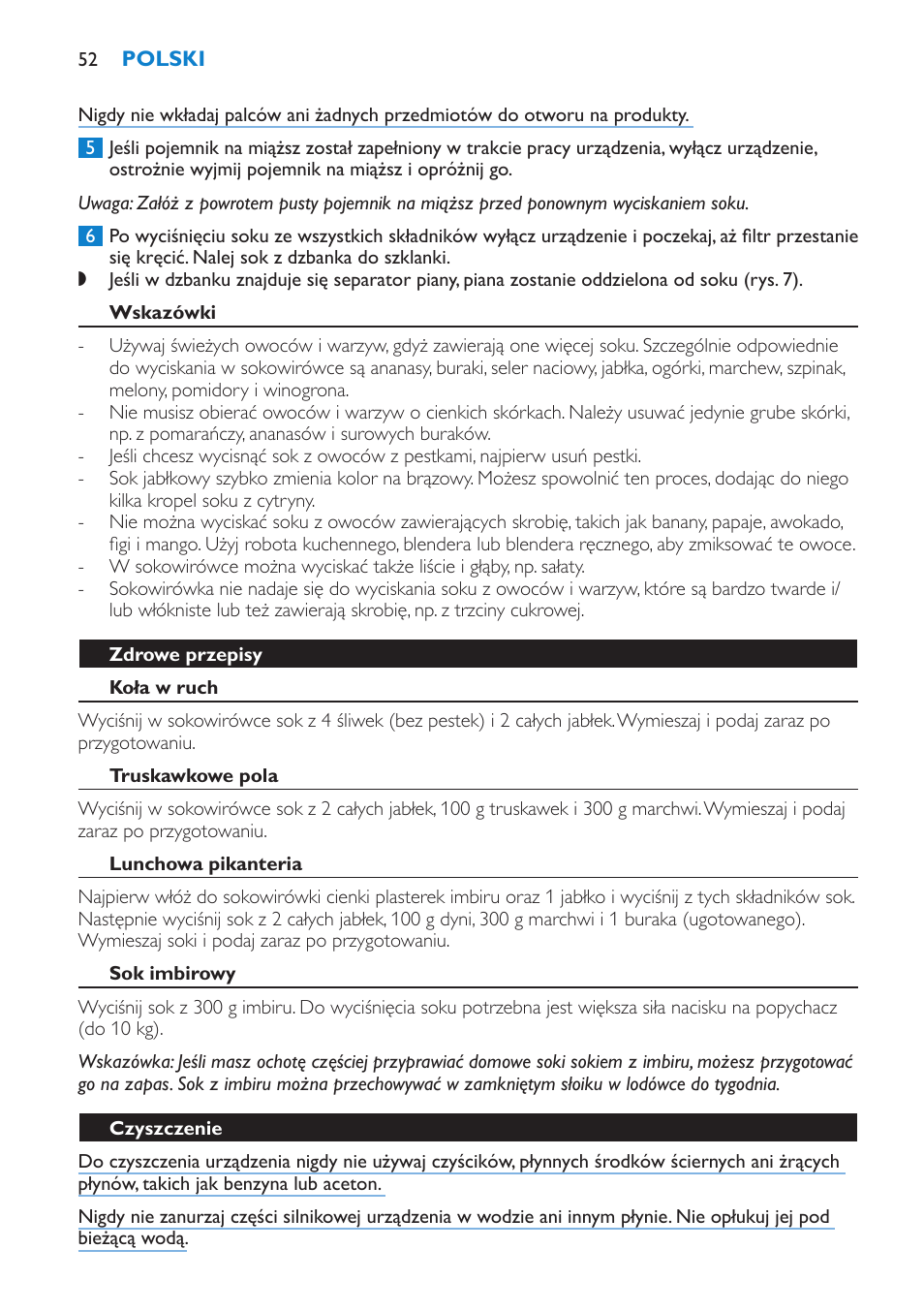 Wskazówki, Zdrowe przepisy, Koła w ruch | Truskawkowe pola, Lunchowa pikanteria, Sok imbirowy, Czyszczenie | Philips HR1853 User Manual | Page 52 / 88