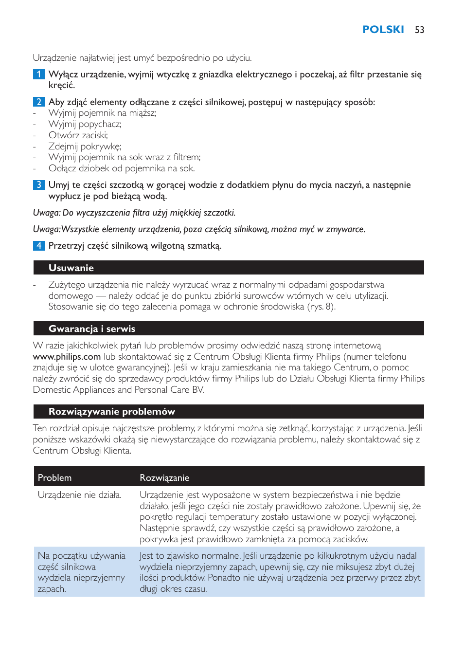 Usuwanie, Gwarancja i serwis, Rozwiązywanie problemów | Philips HR1853 User Manual | Page 53 / 88