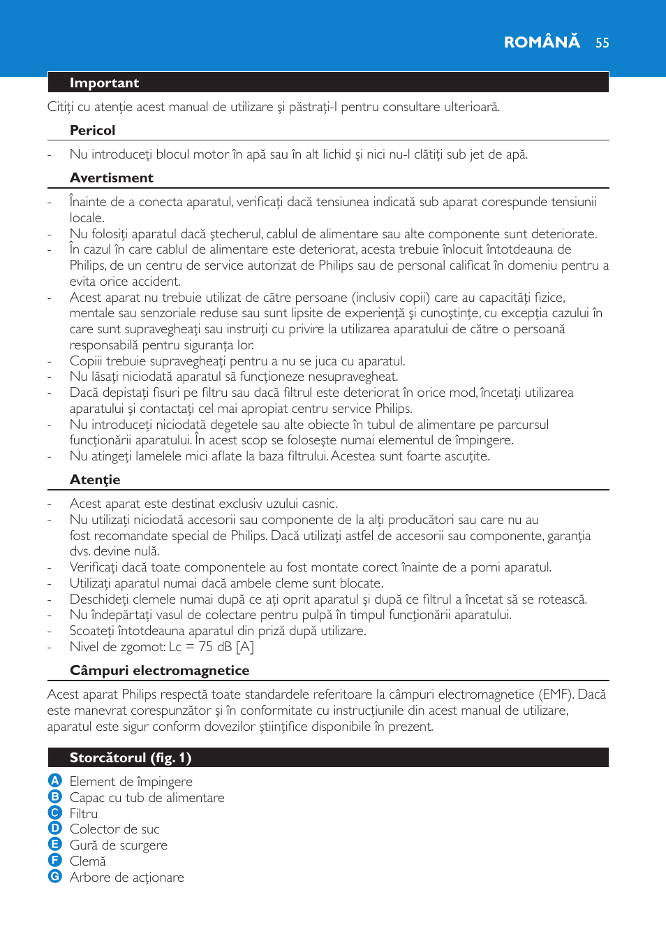 Română, Important, Pericol | Avertisment, Atenţie, Câmpuri electromagnetice, Storcătorul (fig. 1) | Philips HR1853 User Manual | Page 55 / 88