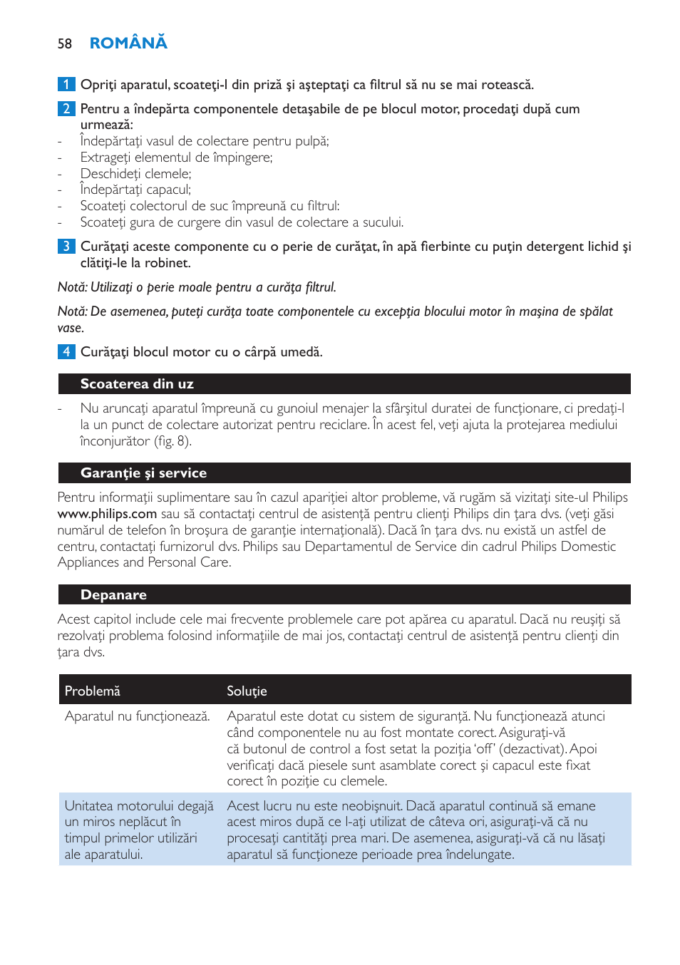 Scoaterea din uz, Garanţie şi service, Depanare | Philips HR1853 User Manual | Page 58 / 88