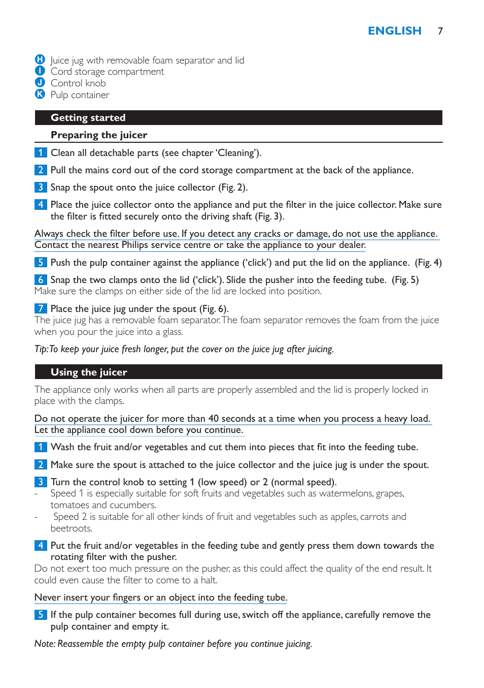 Getting started, Preparing the juicer, Using the juicer | Philips HR1853 User Manual | Page 7 / 88