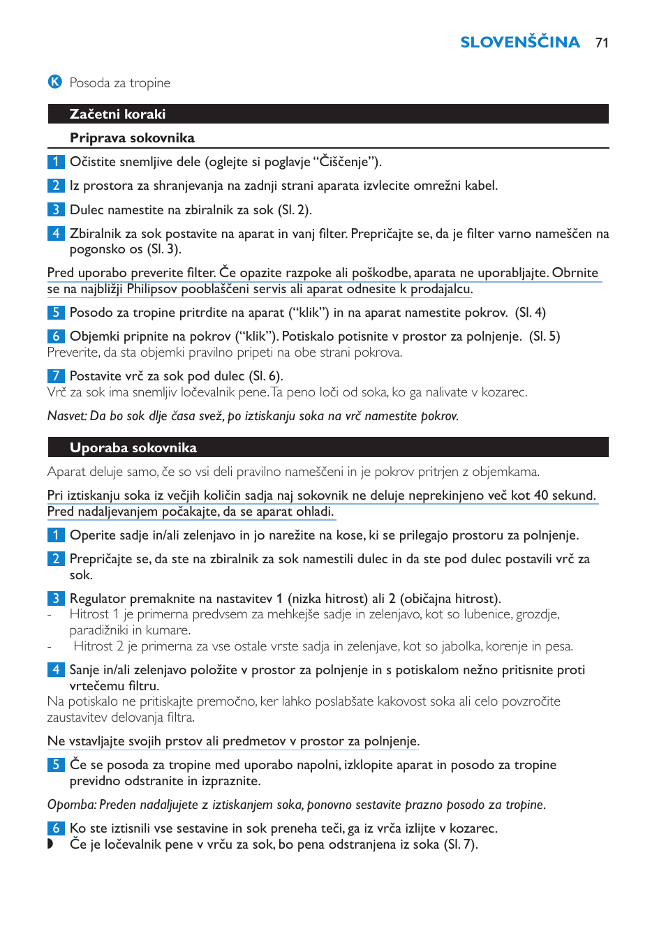 Začetni koraki, Priprava sokovnika, Uporaba sokovnika | Nasveti | Philips HR1853 User Manual | Page 71 / 88