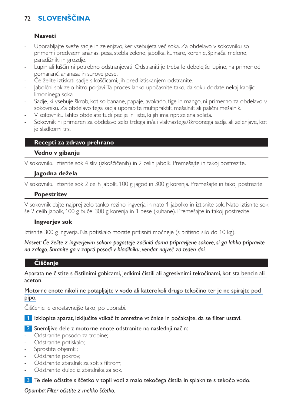 Recepti za zdravo prehrano, Vedno v gibanju, Jagodna dežela | Popestritev, Ingverjev sok, Čiščenje | Philips HR1853 User Manual | Page 72 / 88