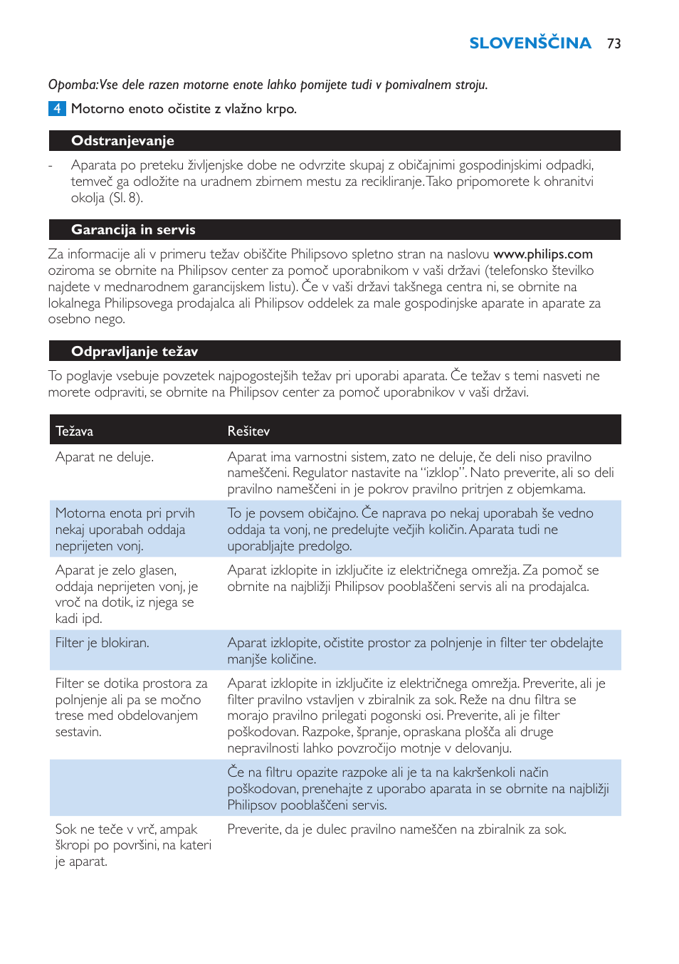 Odstranjevanje, Garancija in servis, Odpravljanje težav | Philips HR1853 User Manual | Page 73 / 88