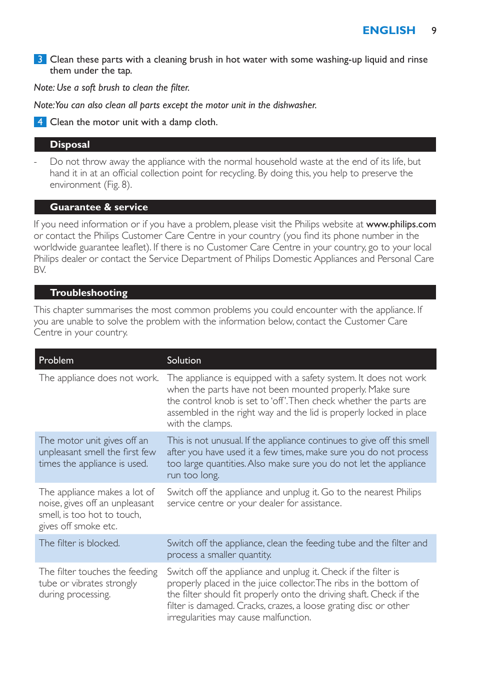 Disposal, Guarantee & service, Troubleshooting | Philips HR1853 User Manual | Page 9 / 88