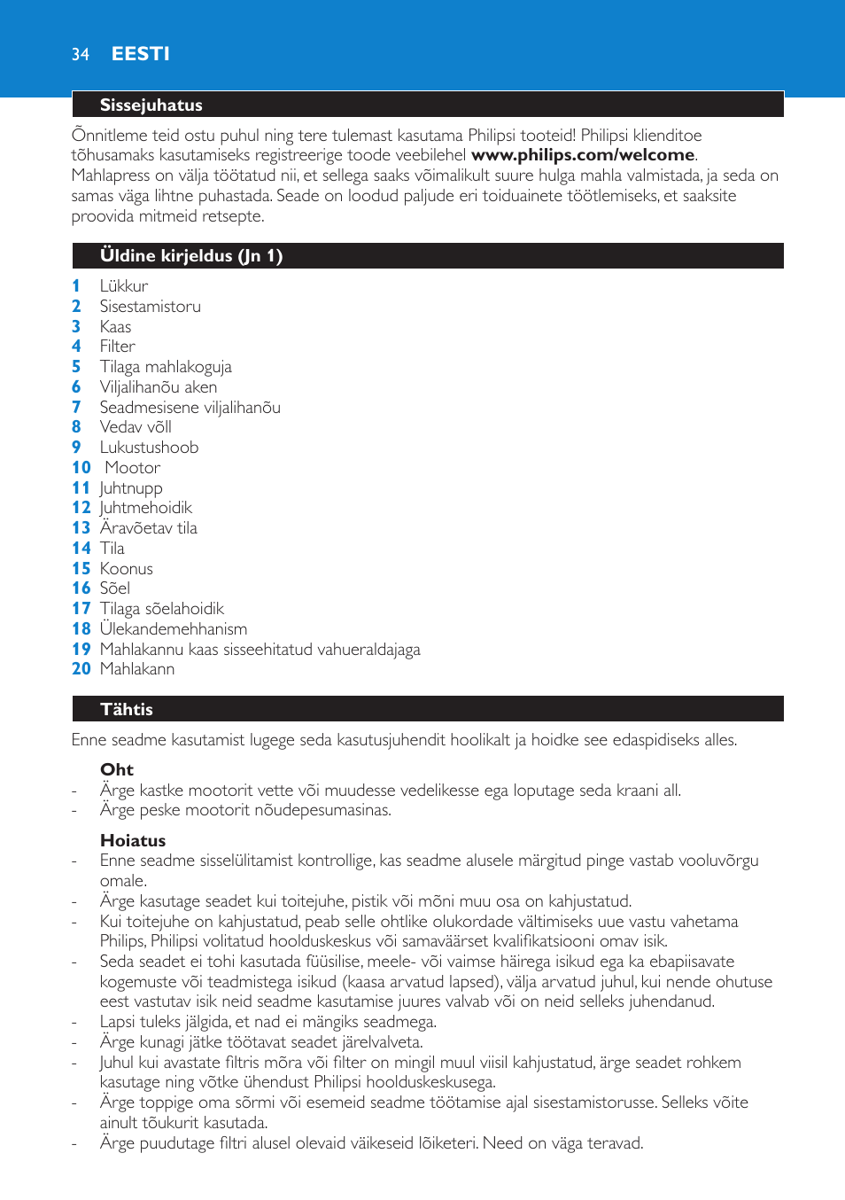 Eesti | Philips HR1870 User Manual | Page 34 / 156