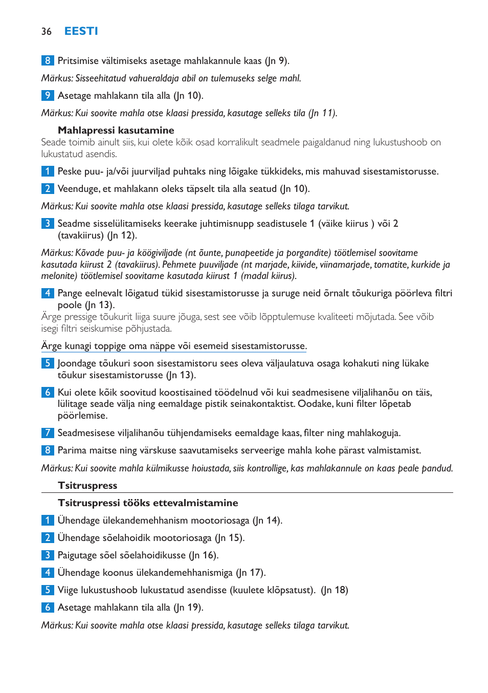 Eesti 36 | Philips HR1870 User Manual | Page 36 / 156