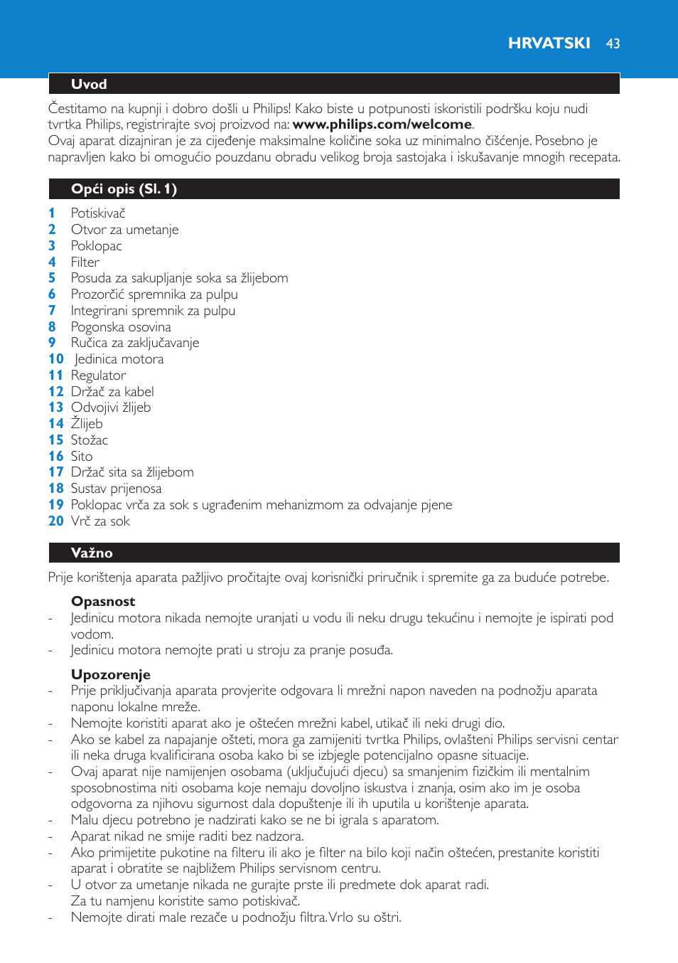 Hrvatski | Philips HR1870 User Manual | Page 43 / 156