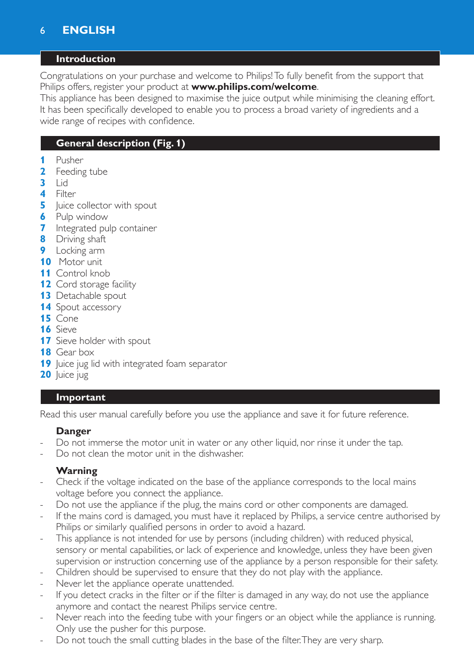 English | Philips HR1870 User Manual | Page 6 / 156